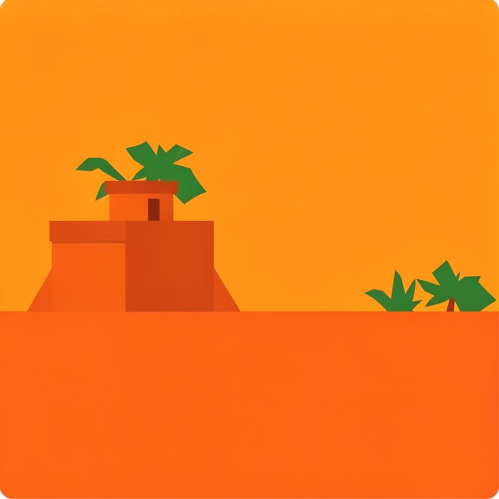 Flat vector illustration of a stylized Indian cityscape with temple spires and leafy trees in warm ochre and cream tones