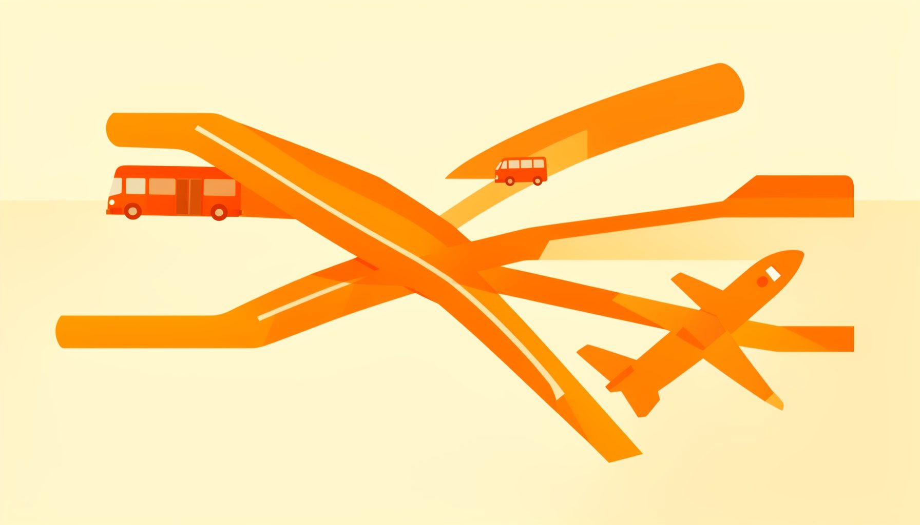 Flat vector illustration of a stylised road map with intersecting highways, a bus, a train, and an aeroplane set against a warm cream and ochre background
