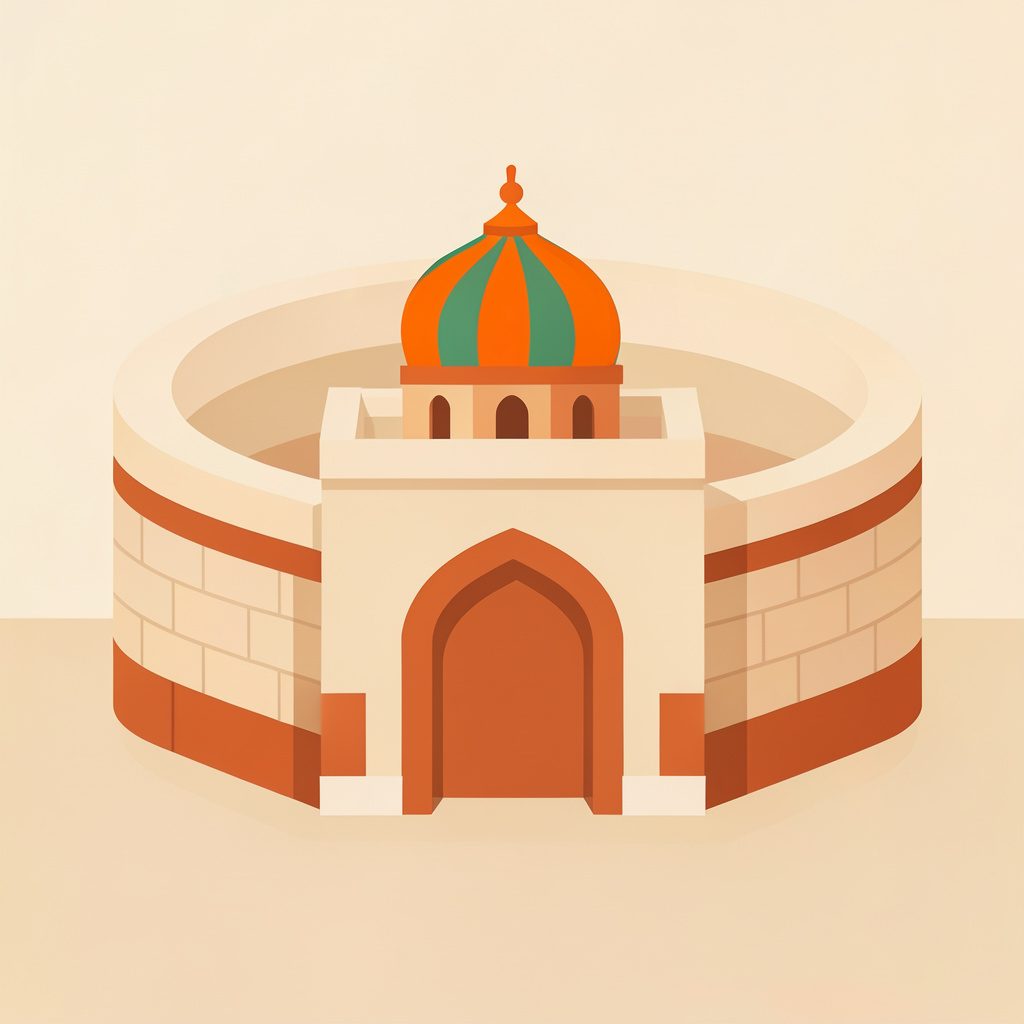 A flat vector illustration of a fortified gateway with a polychrome dome and arched entrances, set against double rings of stone walls, in sandy beige and rust tones.